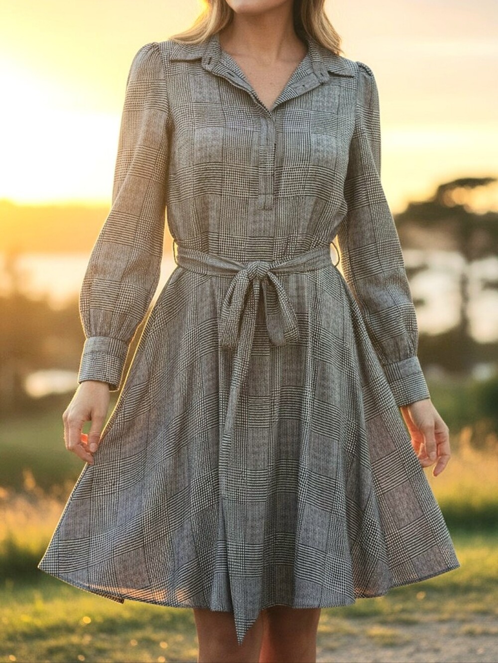 White House Black Market | Plaid Long-Sleeve Fit-and-Flare Shirt Dress